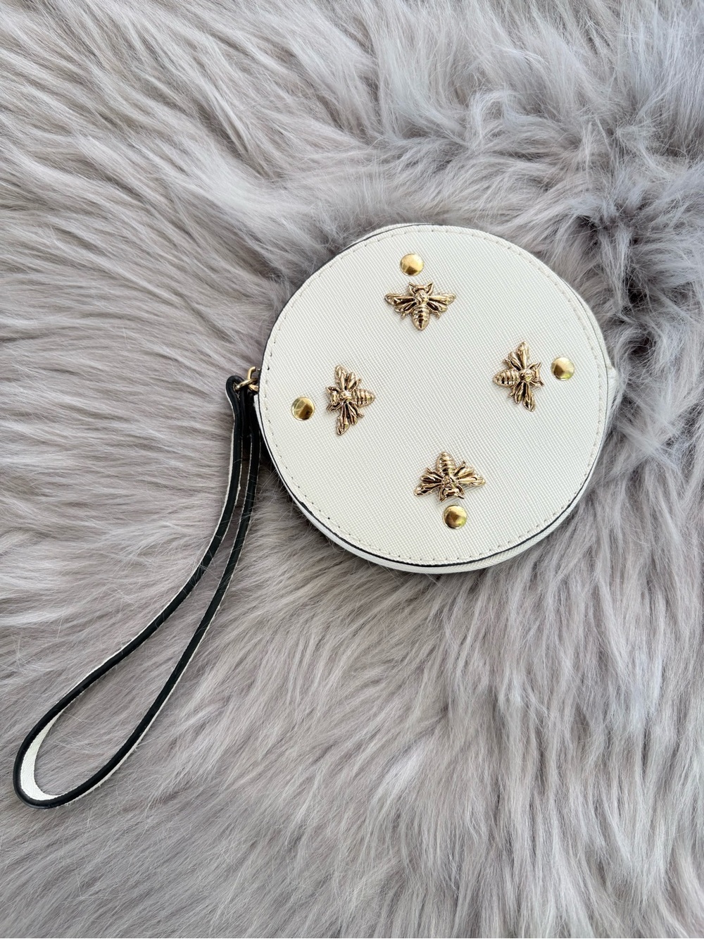 White Round Wristlet Clutch with Gold Bee Accents